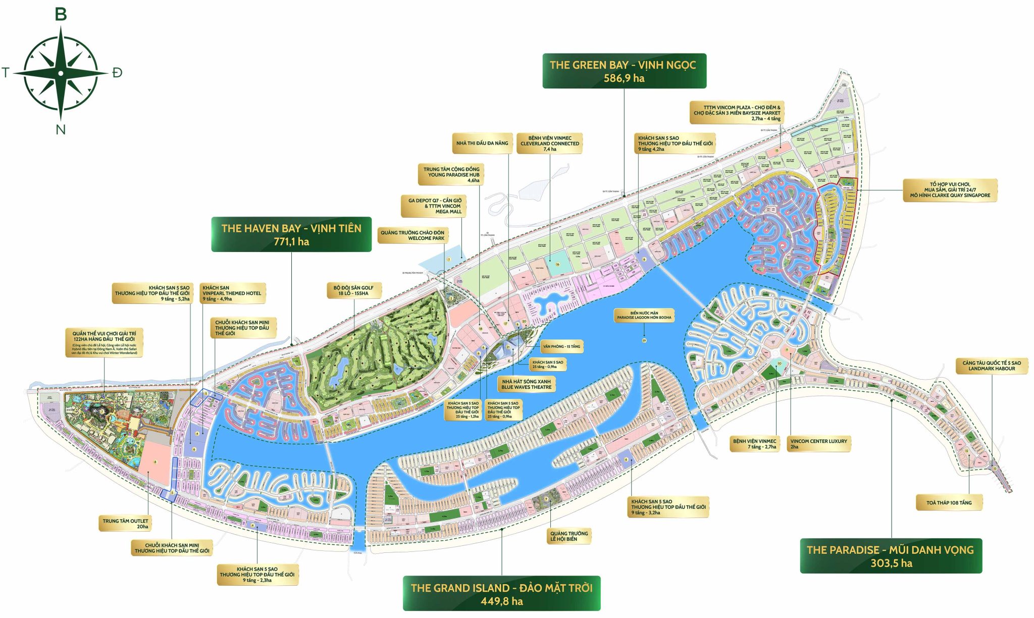 Mặt bằng tổng thể Vinhomes Cần Giờ quy mô 2.870ha gồm các phân khu The Haven Bay 771,1ha, The Green Bay 586,9ha, The Grand Island 449,8ha và The Paradise 303,5ha cùng hệ sinh thái tiện ích nghỉ dưỡng ven biển.